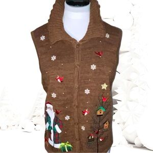 Merry & Bright Brown Vest Women Large Christmas Sweater Chocolate Mocha Santa